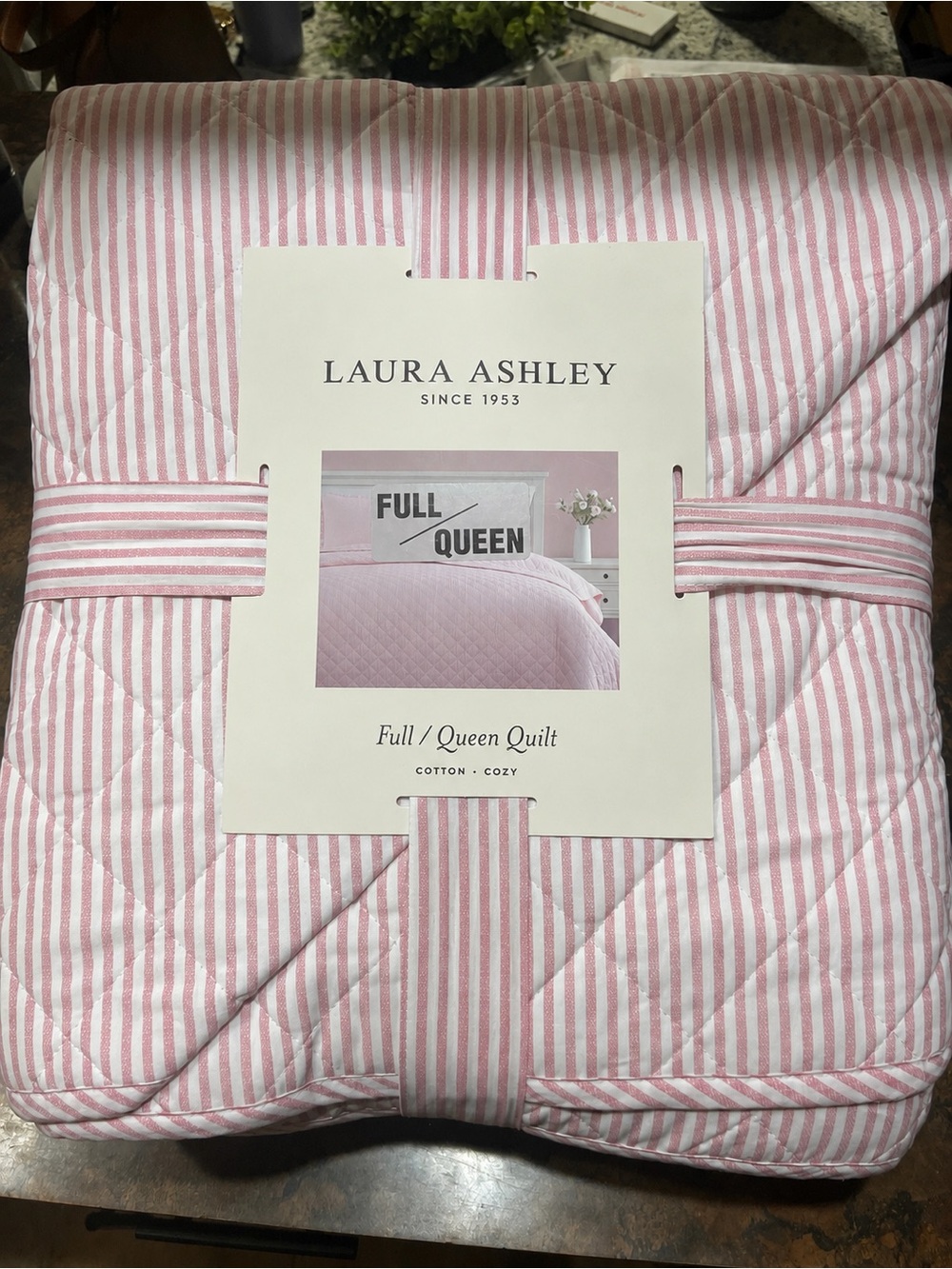 Laura Ashley Pink and White Oxford Striped Queen Quilt ~ NWT